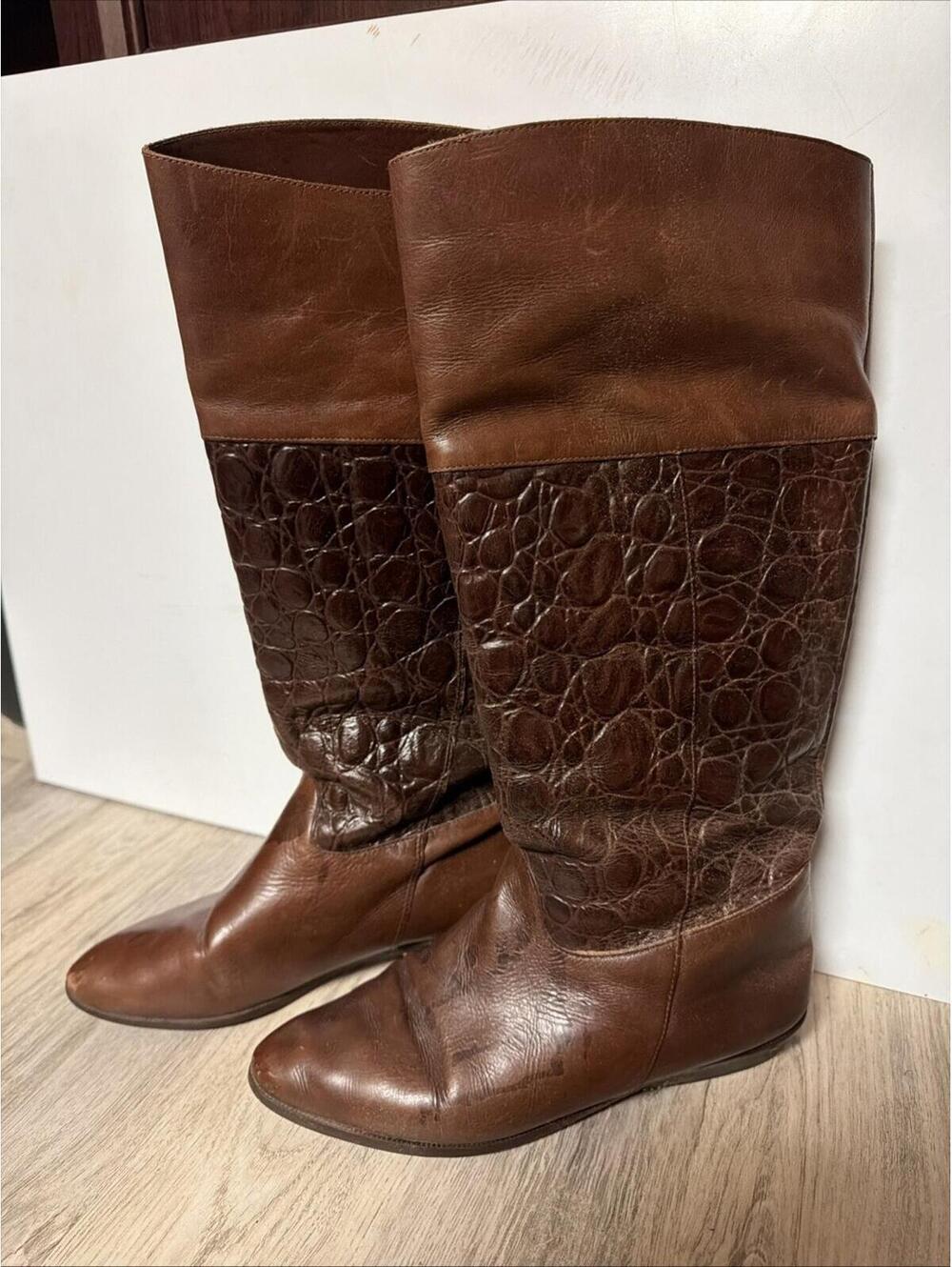 VTG Nine West Chestnut Brown Leather Equestrian Tall Riding Boots Size 7.5